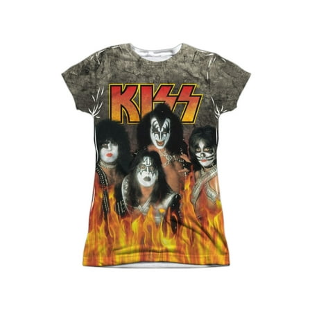 - KISS Rock Band Original Members In Flames Juniors Front/Back Print T-Shirt