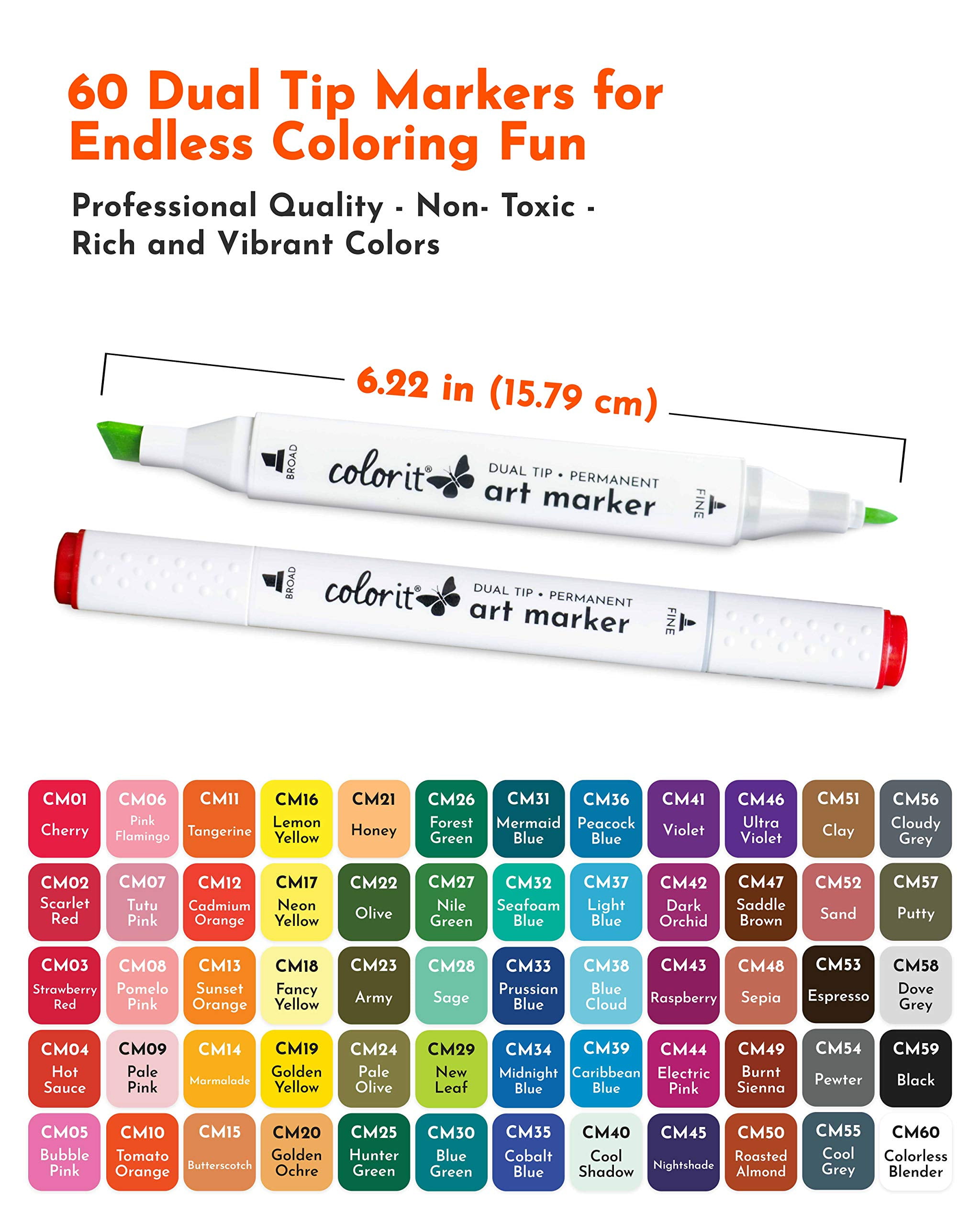 ColorIt 60 Dual Tip Art Markers Set for Coloring - Double Sided Artist