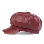 Minzimin Women's PU Leather Plain 8 Panel Octagonal Hat British Style Artist Painter Newsboy Cap