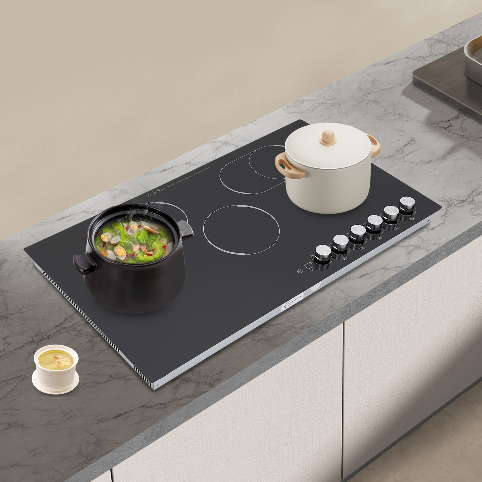 5 Burners 110V Electric Cooktop Knob Control Black Electric Stovetop for Kitchens Snack Bars Offices Hotels