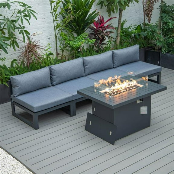Chelsea Middle Patio Chairs & Fire Pit Table Set, Black Aluminum Frame with Cushions, Blue - 5 Piece