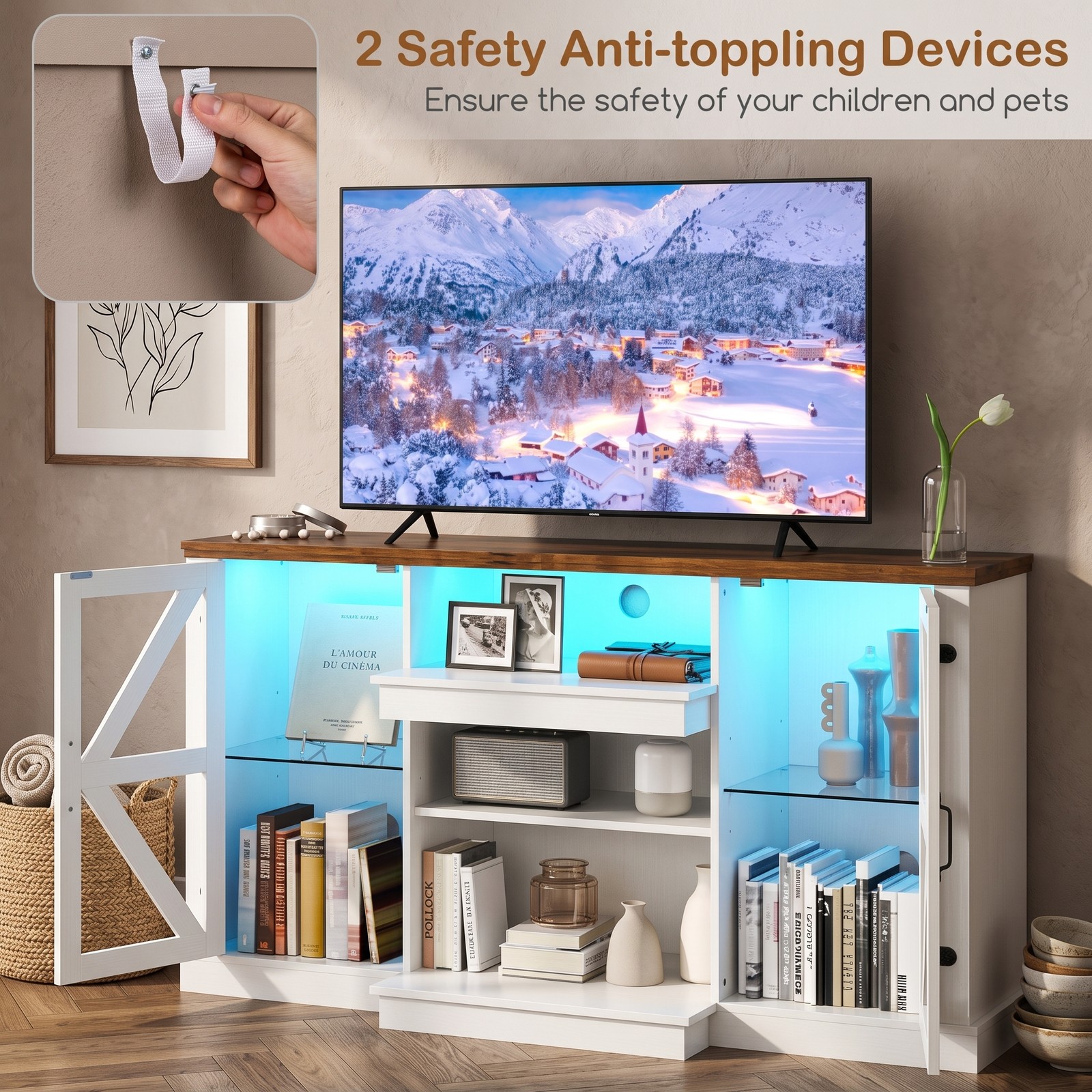 Furnibear 59 Inch LED Media Console Table, Modern TV Stand Entertainment Center with Tempered Glass Doors, 3-Level Adjustable Shelves, 22 Dynamic RGB Light, White
