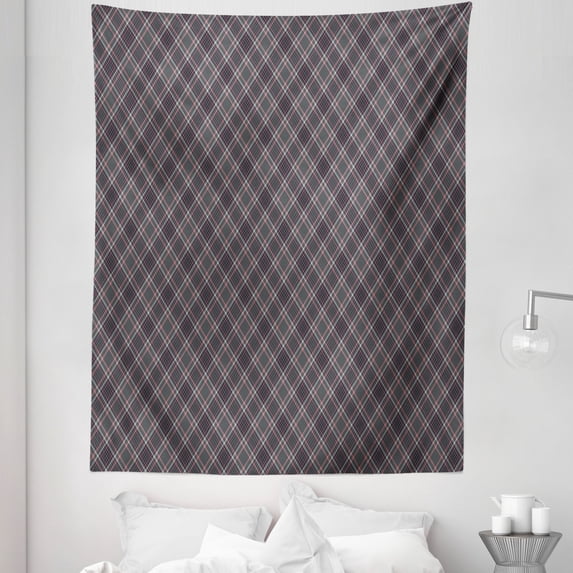 Grey Plaid Tapestry, Retrospective Checkered Pattern Vintage Style Diagonal Illustration, Fabric Wall Hanging Decor for Bedroom Living Room Dorm, 5 Sizes, Dark Blue Dried Rose, by Ambesonne
