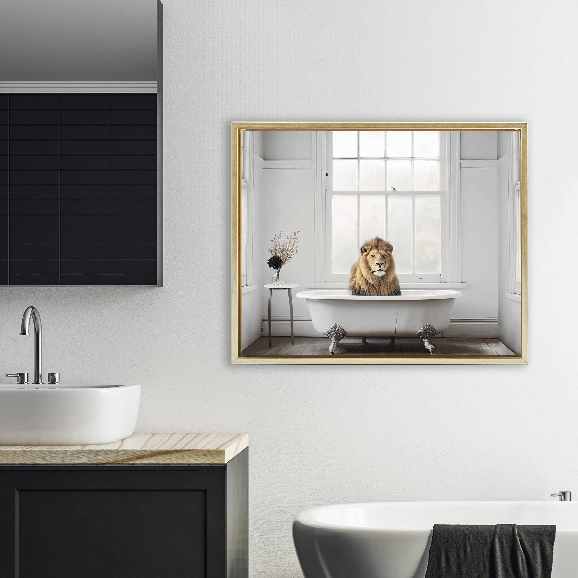 Minimalist Lion Bathtime Gold Framed Floater Canvas Wall Art, design by Sasha