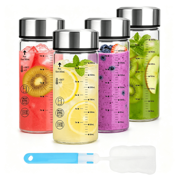 NORIZF 12 Oz Glass Juice Bottles with Lids,4Pcs Wide Mouth Glass Bottle,Leakproof Borosilicate Glass with Stainless Steel Lids,Heat-Resistant,Dishwasher Safe,Reusable for Juicing,Smoothies