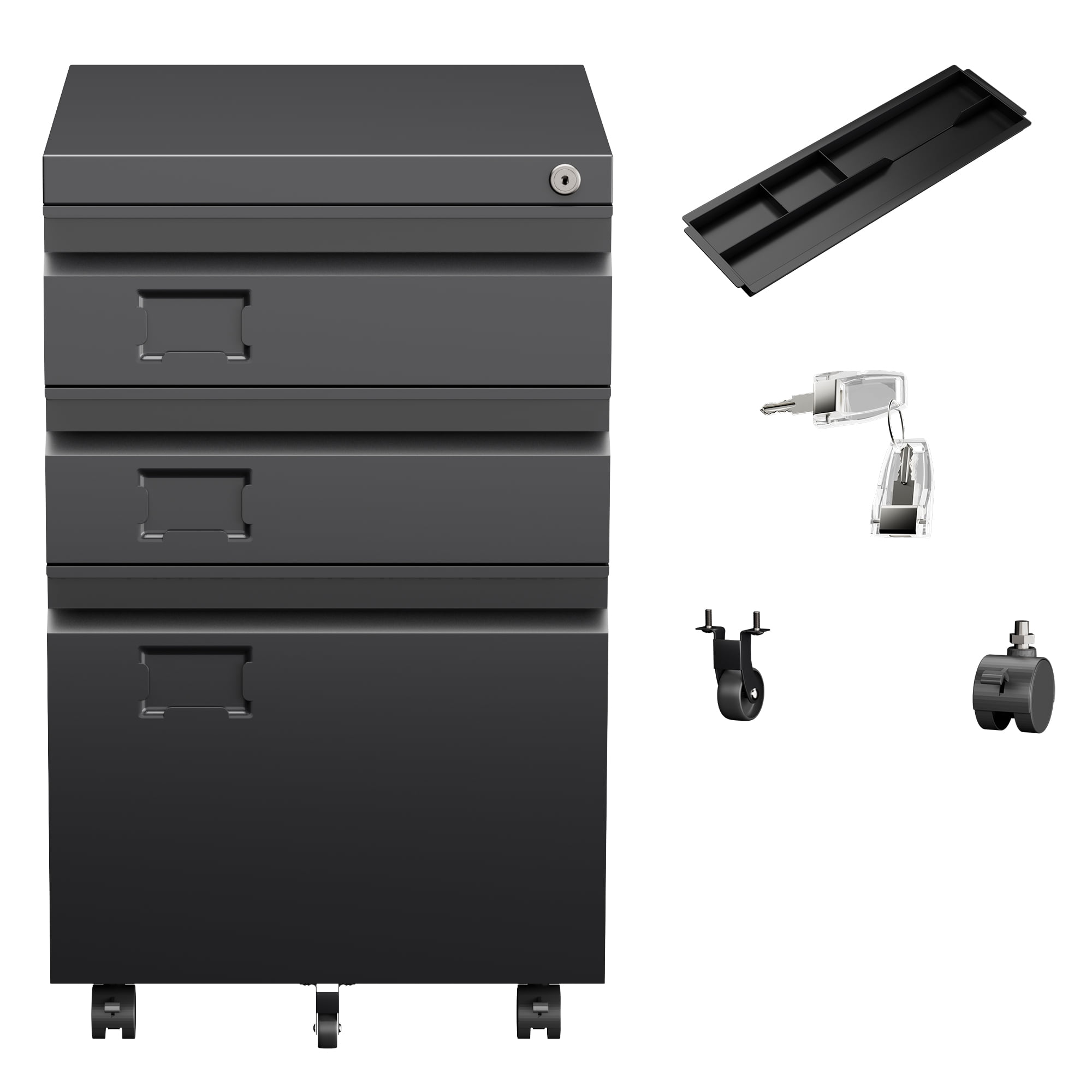 HUAXRON 3 Drawer Black Mobile File Cabinet with Lock, Under Desk Metal Movable Filing Cabinet, Lateral，Office Cabinet for Home, Assemble Required
