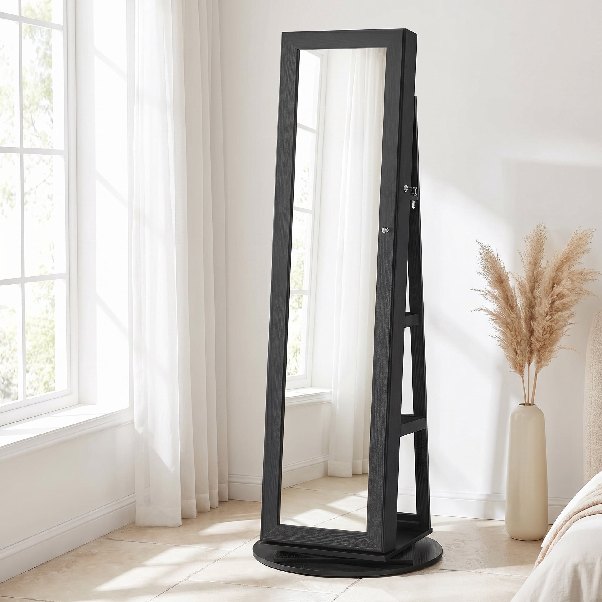 Nordic Hygge 360° Swivel Lockable Jewelry Cabinet with Full-Length Mirror & Rear Storage – Black