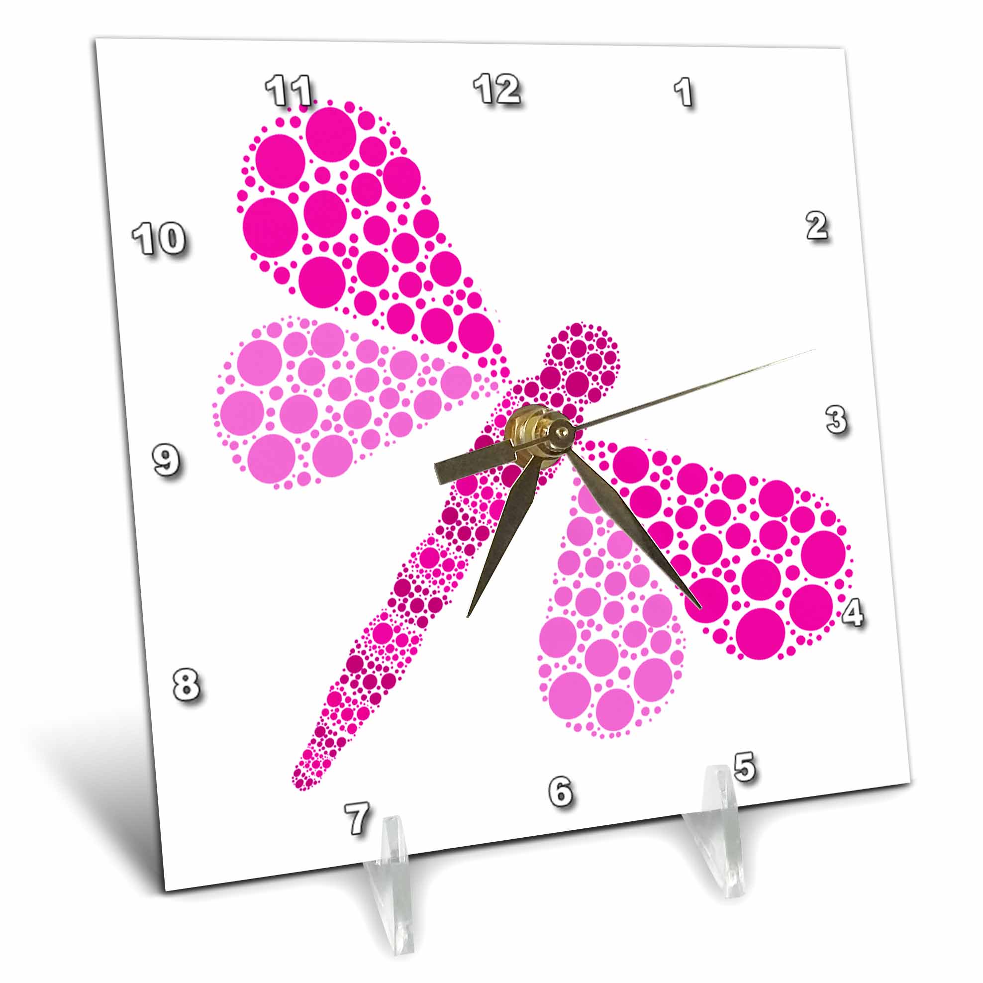 3dRose Pink Pointillism Dragonfly Desk Clock, 6 by 6inch