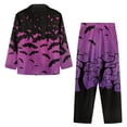 thumbnail image 4 of Renewold 2 PCS Purple Forest Bats Long Sleeve Pajamas T-Shirt Stretchy Pants Set with Pockets Halloween Winter Button Sleepwear Thermal Women Home Wear Loungewear Size 2XL, 4 of 6