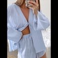 thumbnail image 4 of Pijama de Verano para Mujer, Conjunto de 2 Piezas con Cuello en V, Camisa de Larga A Juego y Pantalones Cortos Holgados de Cintura Alta. Azul M, 4 of 10