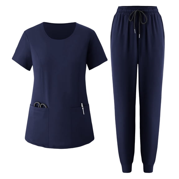 Nurse Uniform for Women 2 Piece Solid Color Short-sleeved V Neck Pocket Trousers Caregiver Uniform Set
