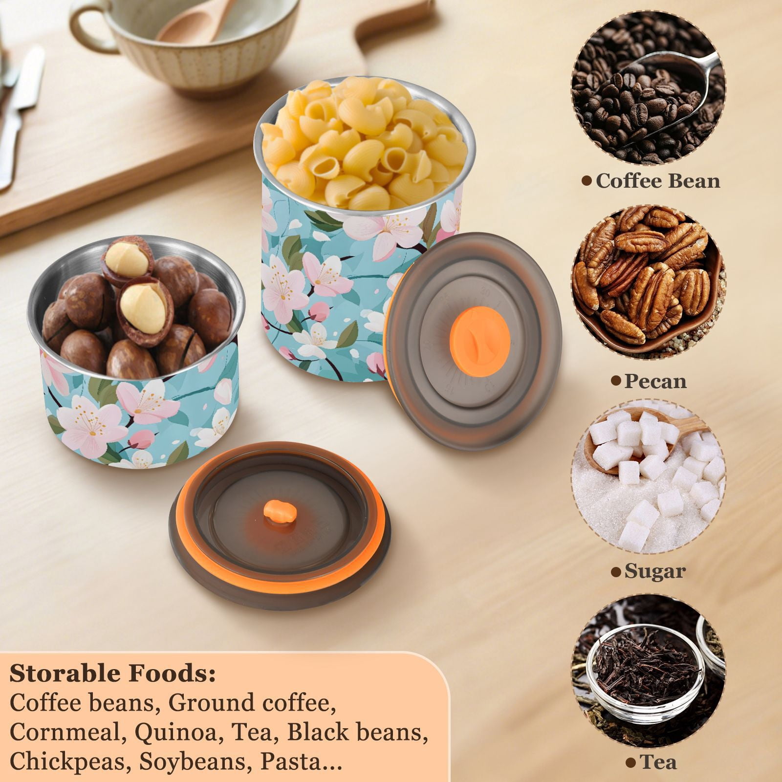 Cherry Blossom Pattern Airtight Coffee Bean Canister 30oz Food Storage Containers with Lids For Gournd, Tea, Sugar, Flour, Rice, Cereal, Candy Cookie Jar