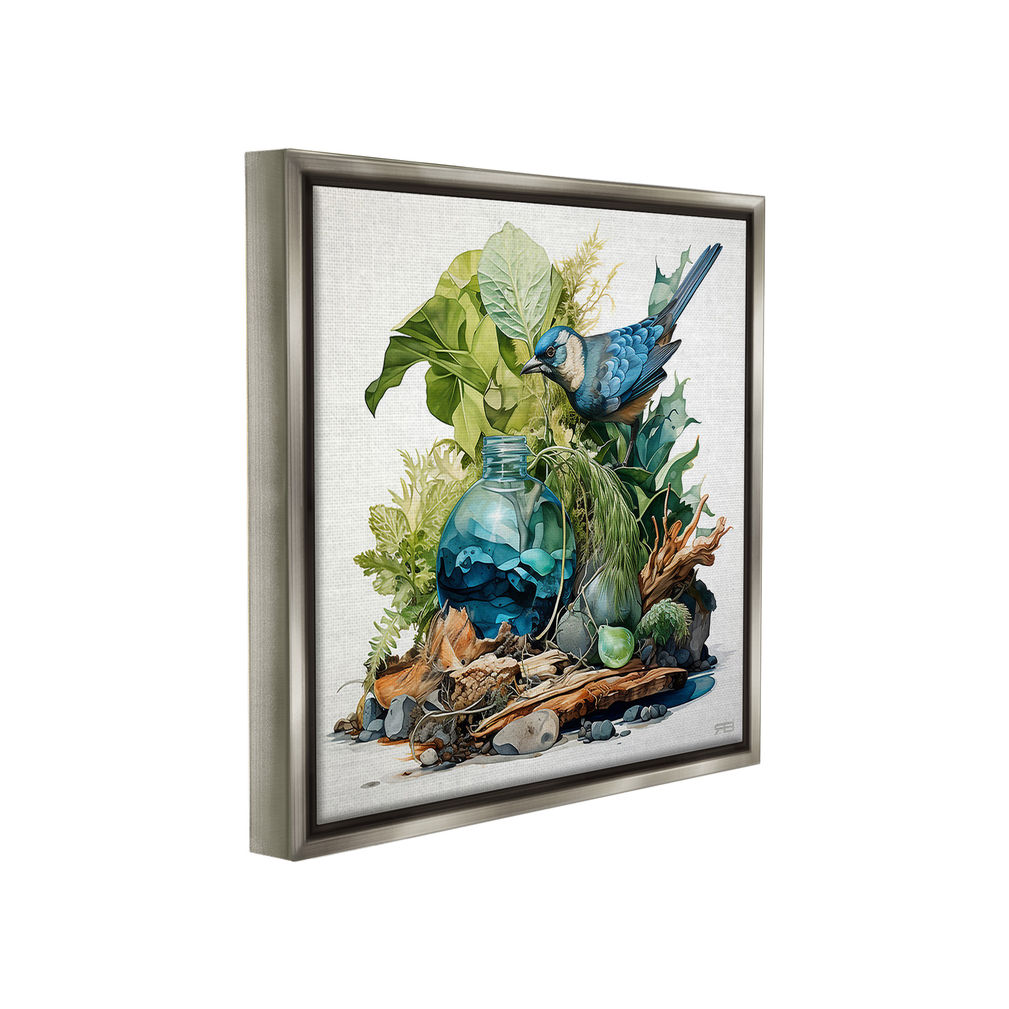 Stupell Industries Bluebird & Woodland Plants Animals & Insects Painting Gray Floater Framed Canvas Art Print Wall Art, 18 x 18