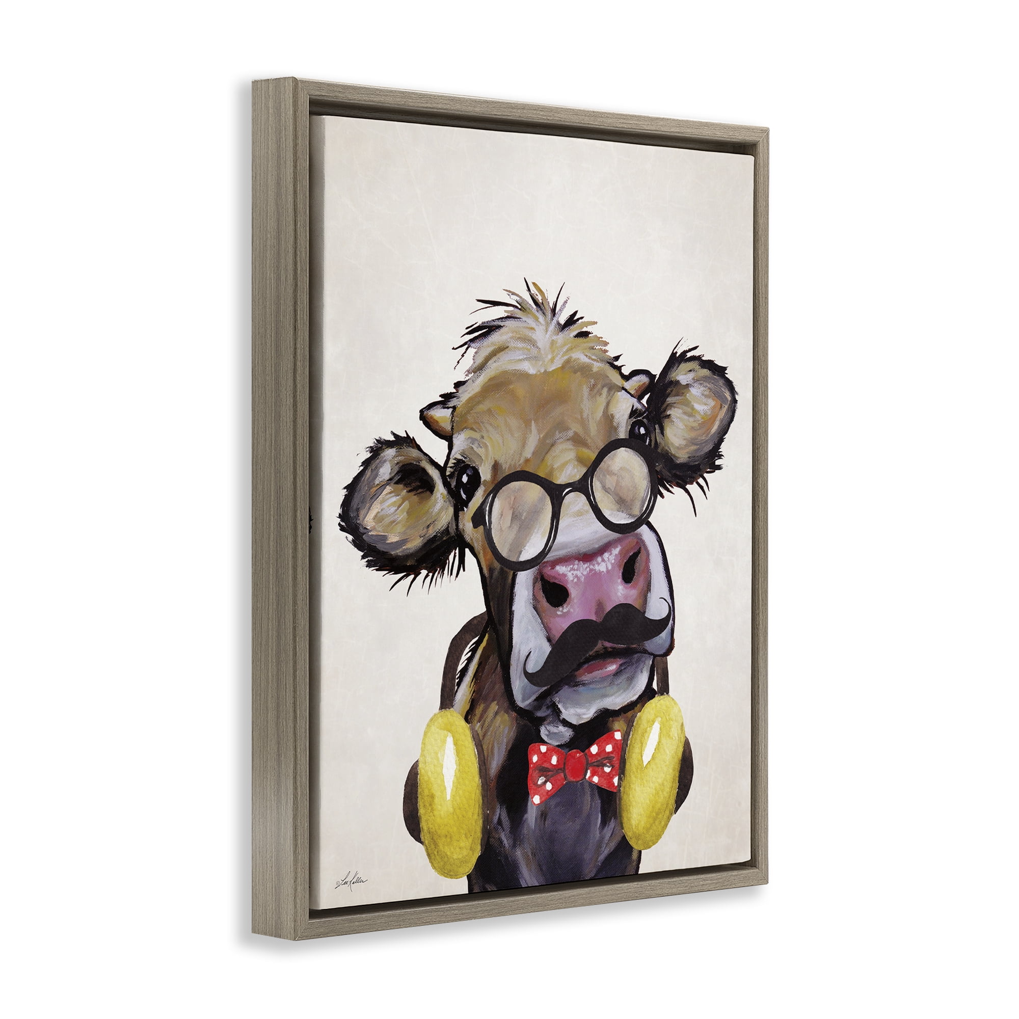Stupell Industries Hipster Cow & Headphones Animals & Insects Painting Brown Floater Framed Canvas Art Print Wall Art, 17 x 21