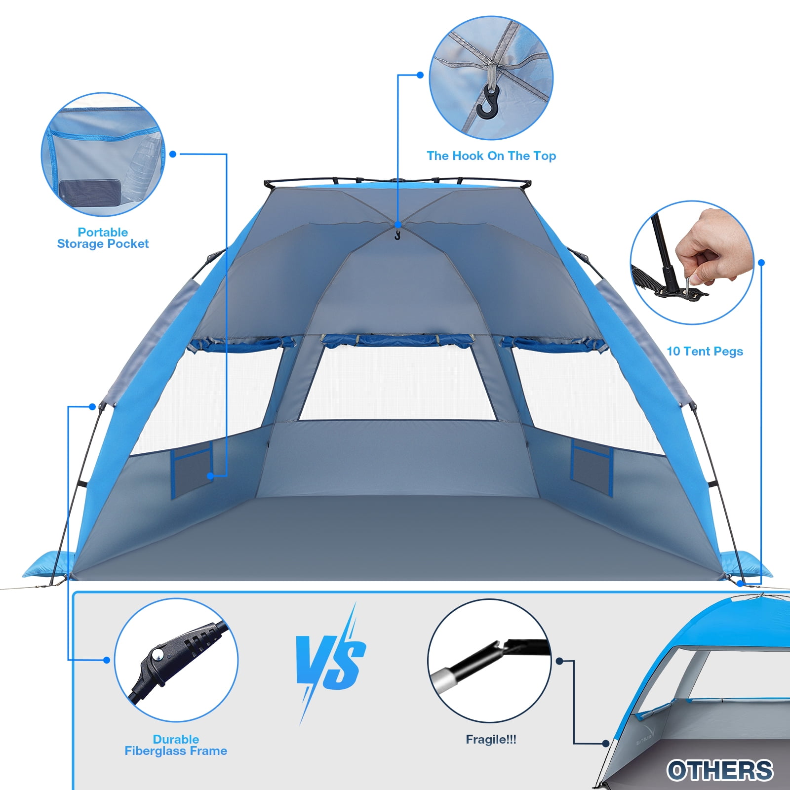 SUNOYAR Beach Tent Sun Shelter, Pop up Beach Tent for 4-6 Person with UPF 50+UV Protection, Portable Beach Shade Canopy for Camping, Picnics and Outdoor