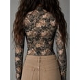 thumbnail image 2 of Women's  Floral  Top Mock Neck Long Sleeve Fitted Slim Fit Stretchy Sheer  for Fall Winter Layering Office Commute Date Night Outfits, 2 of 7