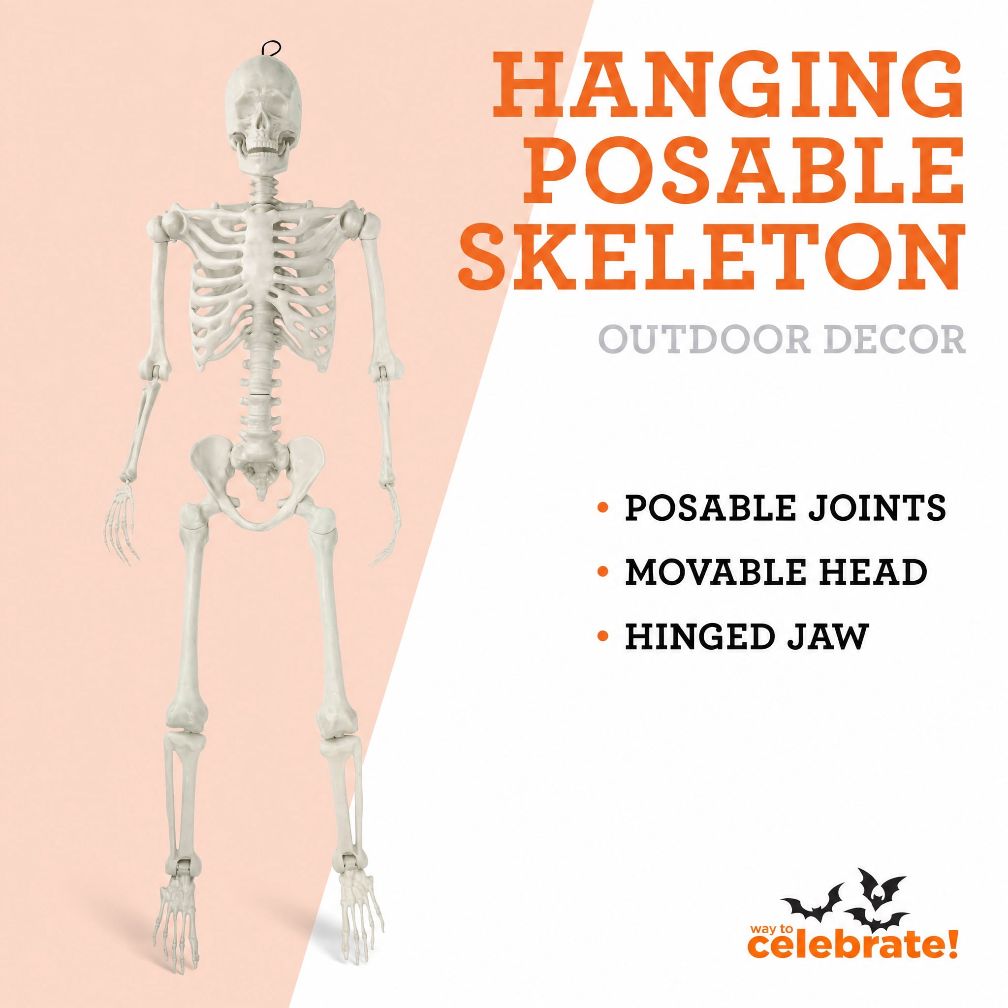 Hanging Posable Skeleton Decoration, White, 7', Halloween by Way To Celebrate