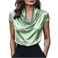 thumbnail image 2 of Hfnxid Women's Top Cowl Neck Satin Silk Tops Tunic Business Cap Sleeve Shirt Fashion Lightweight Office Work Blouse Green S, 2 of 8