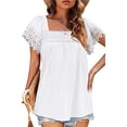 thumbnail image 2 of Camiseta de manga corta con ribete de encaje blanco para mujer, camiseta informal holgada con diseño de color puro, 2 of 6