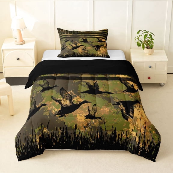 Manfei Mallard Duck Twin Comforter Sets,Rustic Farmhouse Bedding Set,Pixeled Camouflage Decor,Black Reversible,2-Piece,1 Comforter and 1 Pillowcase