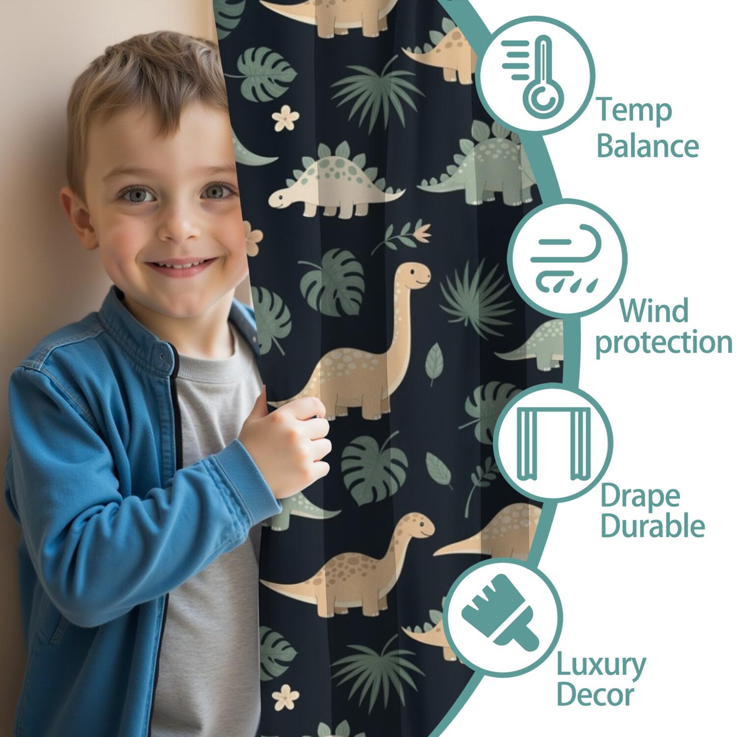 Blackout Kids Curtains,Dark Green Leafy Dinosaurs Pattern Childrens Insulated Curtains Set Of 2,Bedroom Essentials,Toddler Room Decor 42"x84"