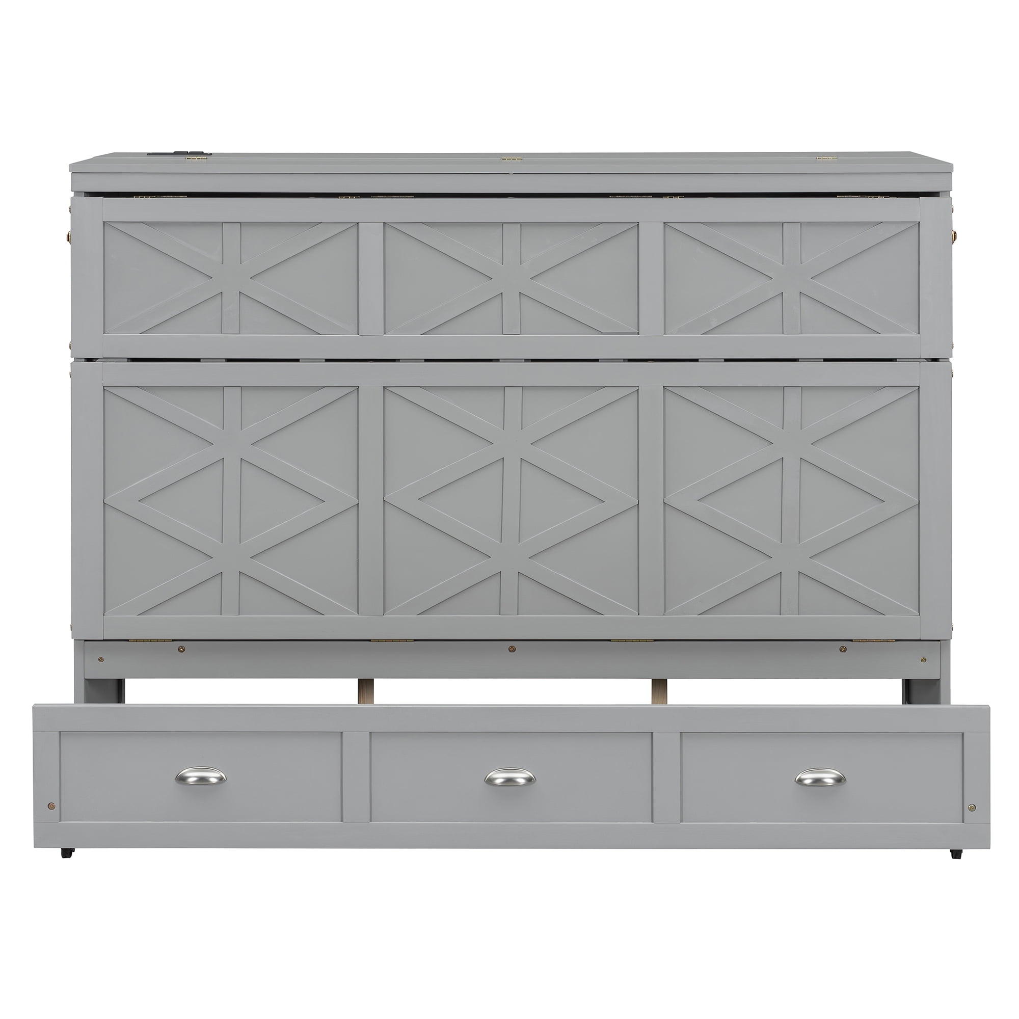 Mintazer Queen Size Murphy Bed with Charge Station & 3 Storage Drawers, Farmhouse Geometric Pattern Foldable Cabinet Wall Bed for Guest Room Small Apartment, Gray