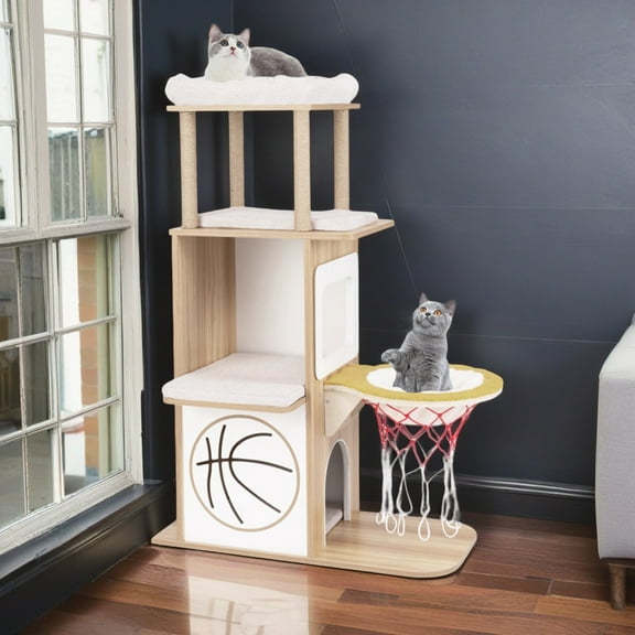 Pefilos 47" Cat Tree Tower with Sisal Scratching Posts, Wood Cat Tree House with Hammock, Cat Condo Furniture with Washable Cushions, Beige