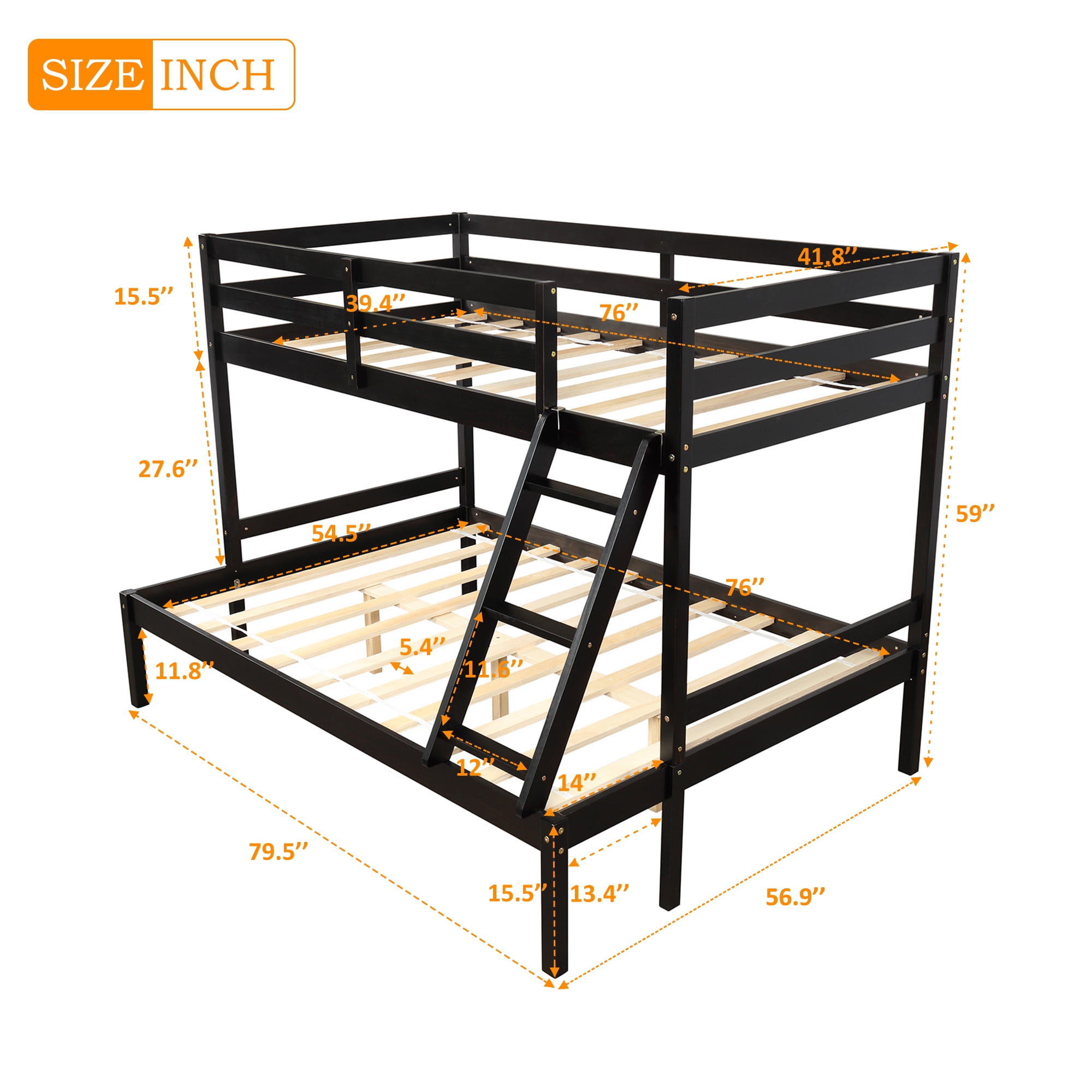 Solid Wood Twin-Over-Full Bunk Beds with Ladder, Espresso