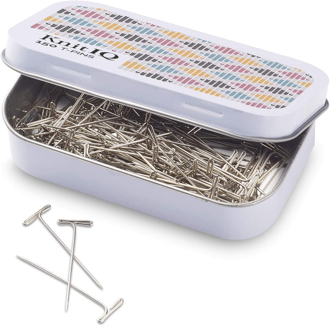 Strong Stainless Steel T-Pins for Blocking Knitting, Crochet & Sewing Projects | 150 Units | Comes with Hinged Reusable Tin (Stitch Design)