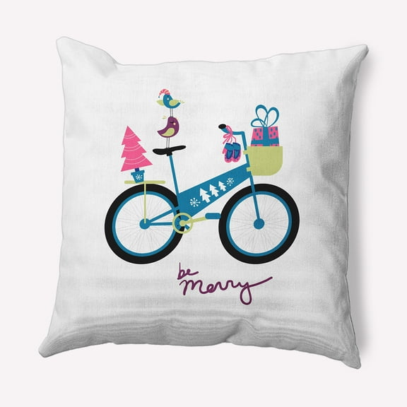 Simply Daisy Teal Colored Merry Bird Bike Christmas Soft Spun Polyester Indoor/Outdoor Throw Pillow, 16" x 16"