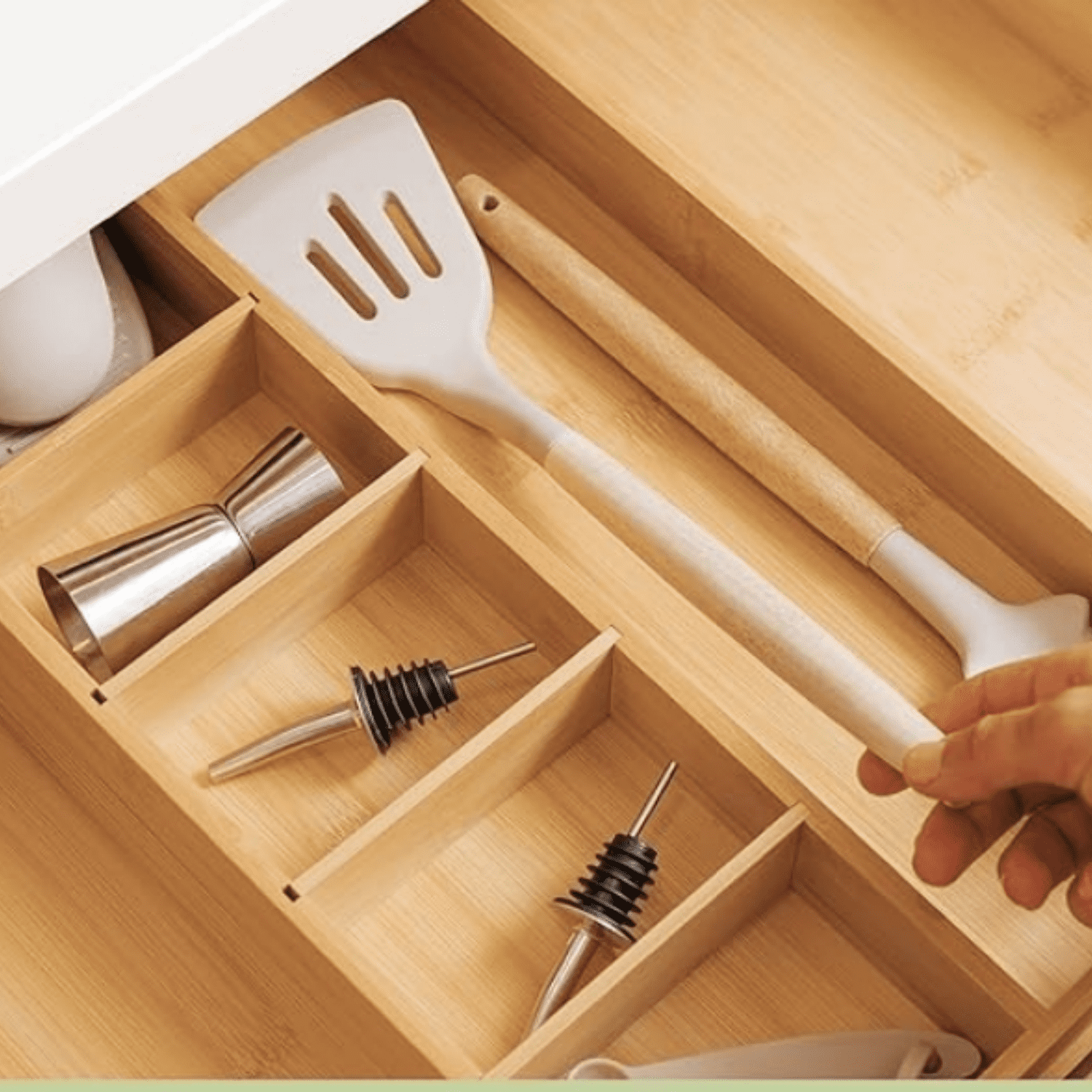 Adjustable Bamboo Kitchen Drawer Organizer for Utensils and Junk, Expandable to 28 inches Wide, 9 Compartments