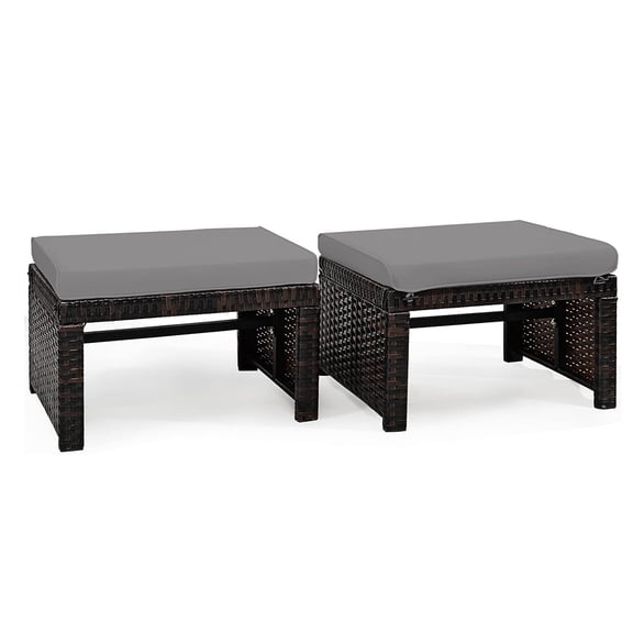 2 Piece Outdoor Ottoman Set, All Weather PE Rattan Footrest with Reinforced Steel Frame, Soft Cushion for Patio Deck Porch, Grey
