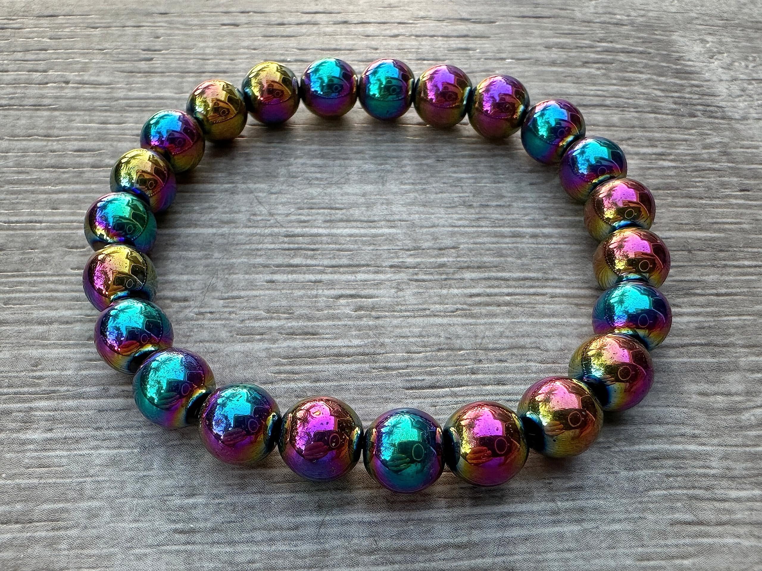 Rainbow Hematite Crystal Bead Bracelet 8mm, Wholesale Genuine Rainbow Hematite Stretch Gemstone Bracelet, Gift for Men & Women (10)
