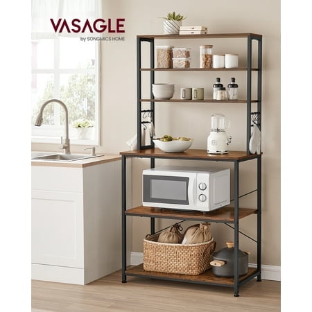 VASAGLE Coffee Bar, Baker’s Rack for Kitchen with Storage, 6-Tier Kitchen Shelves with 6 Hooks,Industrial, 15.7 x 31.5 x 65.7 '', Rustic Brown and Black