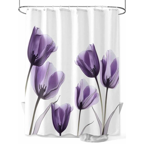 Purple Tulip Shower Curtain, Minimalist Modern Flowers Art Waterproof Shower Curtain Set with 12 Hooks Lightweight Washable Fabric Shower Curtains for Bathroom 60x72 Inches