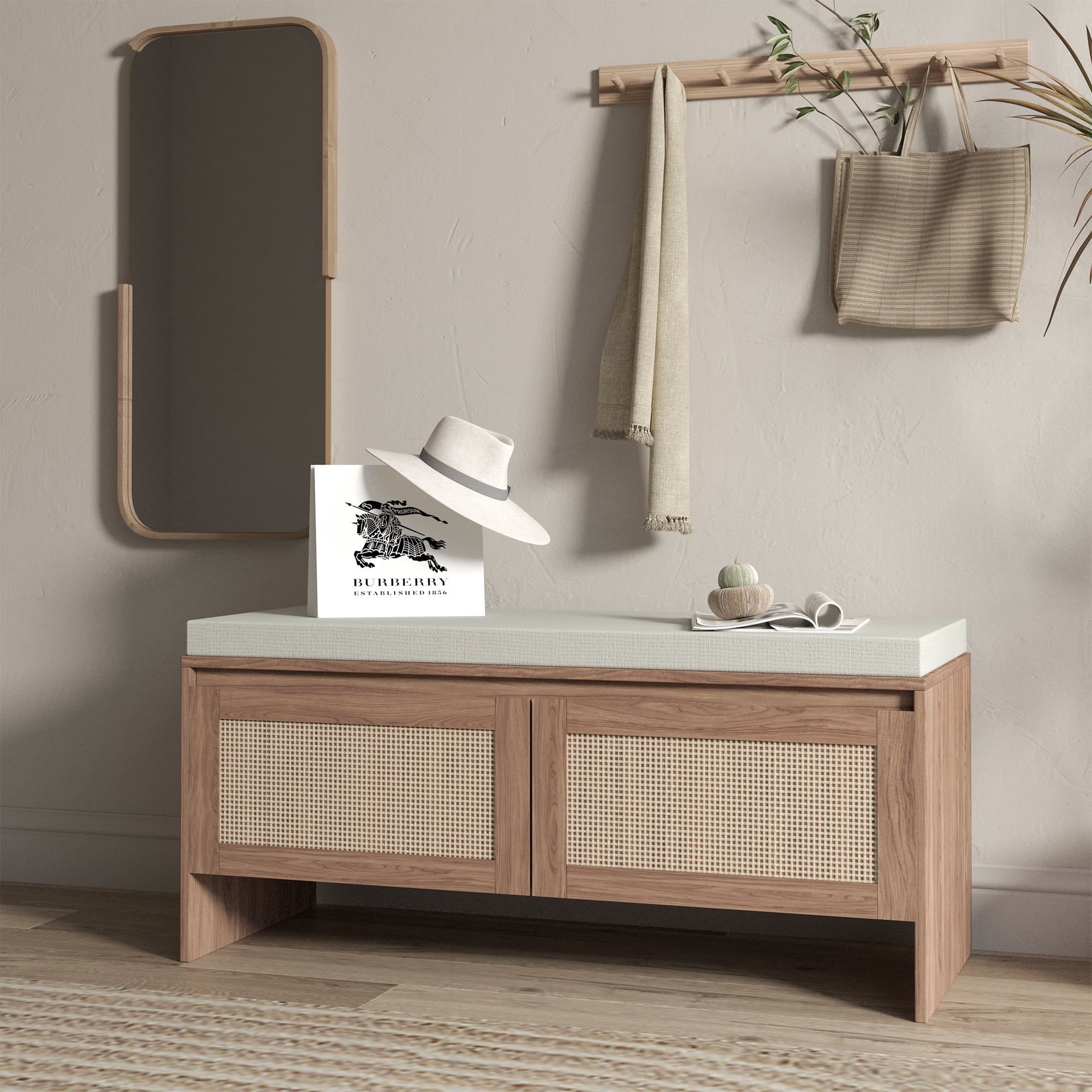 Aukfa Upholstered Entryway Shoe Storage Bench with Faux Rattan Cabinet Doors for Hallway/Bedroom/Living Room,Natural