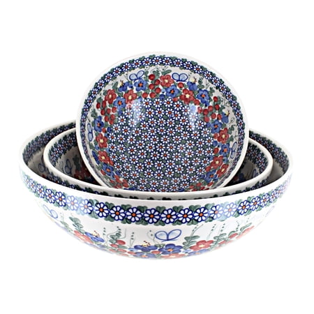 Blue Rose Polish Pottery Garden Butterfly 3 Piece Serving Bowl Set