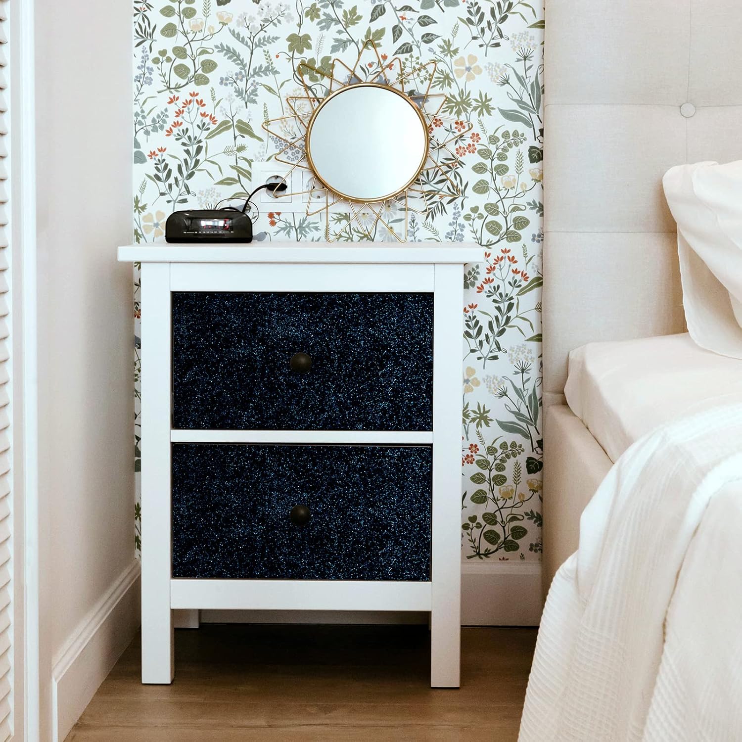 Black Blue Glitter Wallpaper Stick and Peel 8"x354" Glitter Wallpaper Border Shiny Sparkle Fabric Wall Border Self Adhesive Decorative Black Wall Stickers for Bedroom Girls Room Mirror Frame