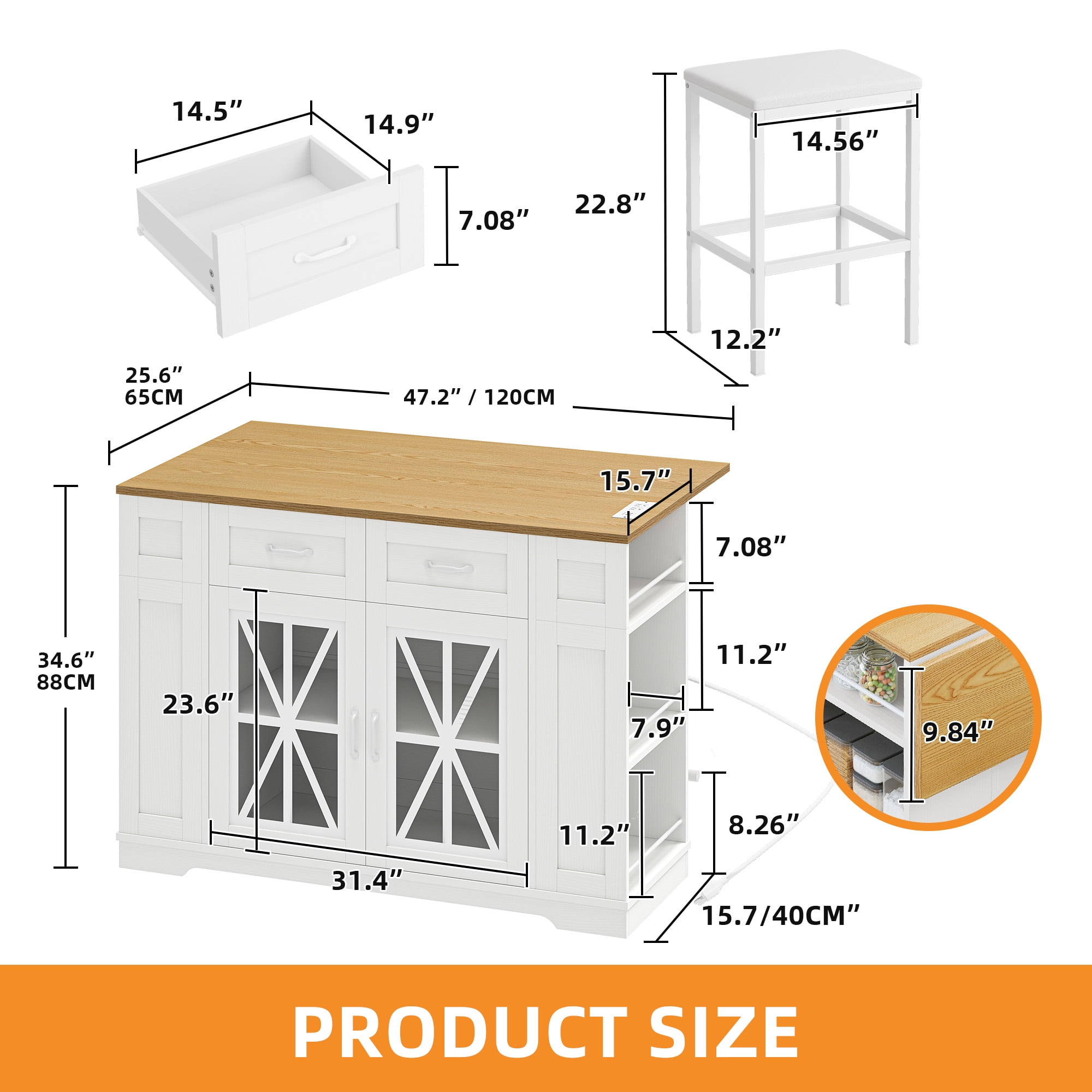 Uforic 47 Inch Storage Kitchen Island Island with Foldable Drop Leaf & Power Outlet, Spice Rack, 2 Upholstered Stools & Footrest for Kitchen Dining Room,White Oak