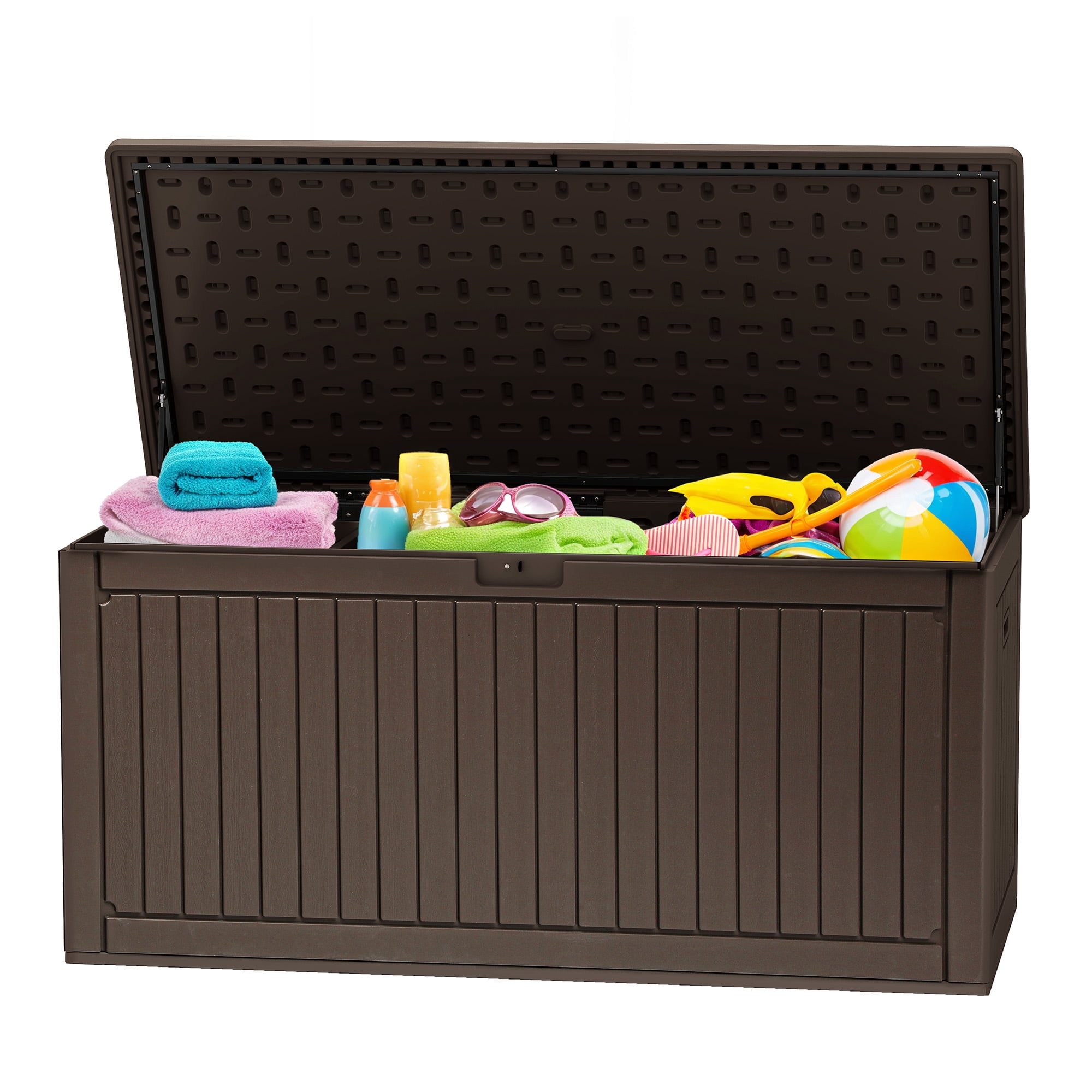 Uforic 260 Gallon Large Deck Box, Double-Wall Resin Outdoor Storage Bin with Divider, Lockable Weatherproof, Brown