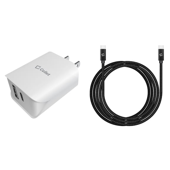Cellet UL Certified 18W 2-Port USB-C Power Adapter with USB-C to USB-C Nylon Braided Cable for Kyocera DuraForce Pro 3 - White