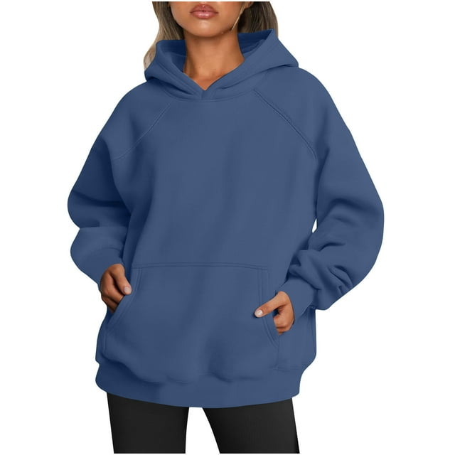 RKSTN Hoodies for Women Fall Solid Color Basic Loose Hoodie Plus Size Sweatshirt Long Sleeve Kangaroo Pocket Drop Shoulder Pullovers Tops