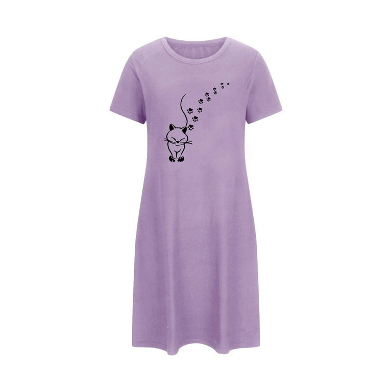 Nightgown for Woman Cute Cat Printed Summer T-Shirt Dress Short