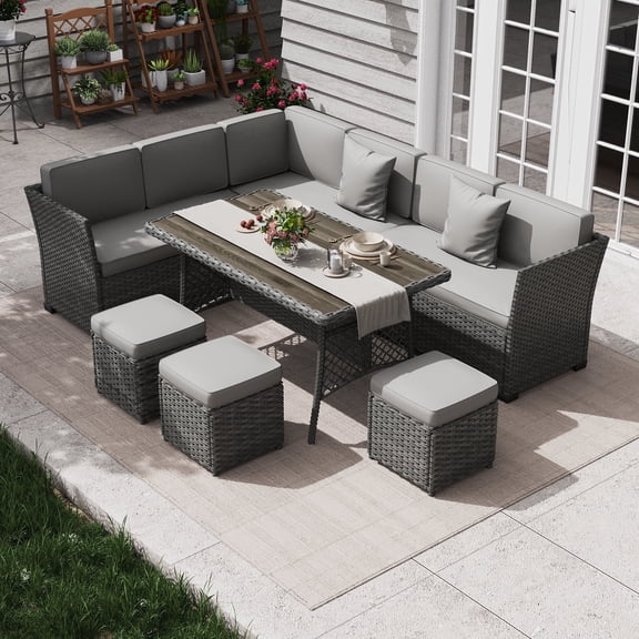 Limthesky 7 Piece Patio Furniture Set, Outdoor Rattan Dining Set, Sectional Patio Conversation Sofa with Dining Table and Ottoman,Dark Gray-Gray