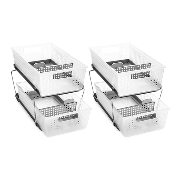 madesmart Organisateur Empilable à 2 Niveaux, 2 Pack, Rangement Coulissant Multi-Usage avec Ensemble Supplémentaire de Pieds, Poignées et Séparateurs pour Maison et Bain, Sans BPA, Sans Givre 2 Pack