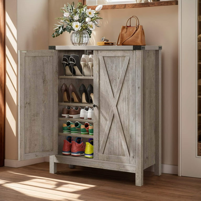 Shoe Rack For Front Door Entrance Homhougo Fluted Shoe Storage Cabinet With 4 Flip Drawers, Narrow Wooden Shoe Organizer With Metal Legs, Modern Farmhouse Hidden Shoe Rack ,White + Oak Flip Drawer