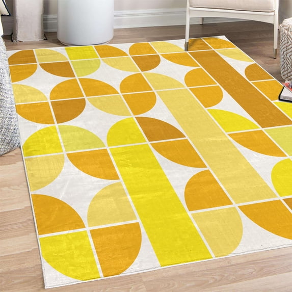 Retro Decorative Rug, Pop Art Funky Unusual Geometric Forms Mosaic Style Old Fashioned Graphic, Quality Carpet for Bedroom Dorm and Living Room, 6 Sizes, Yellow Mustard, by Ambesonne