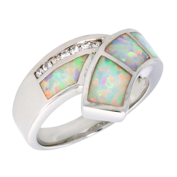 925 Silver Synthetic White Opal CZ Accent Square Inlay Ribbon Ring 11mm