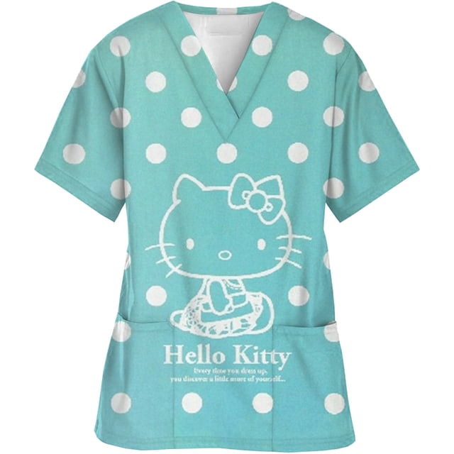 Uniforme d'Infirmière Kawaii, Hauts de Blouses Médicales pour Femmes, Imprimé Hello Kitty, Manches Courtes, Poches