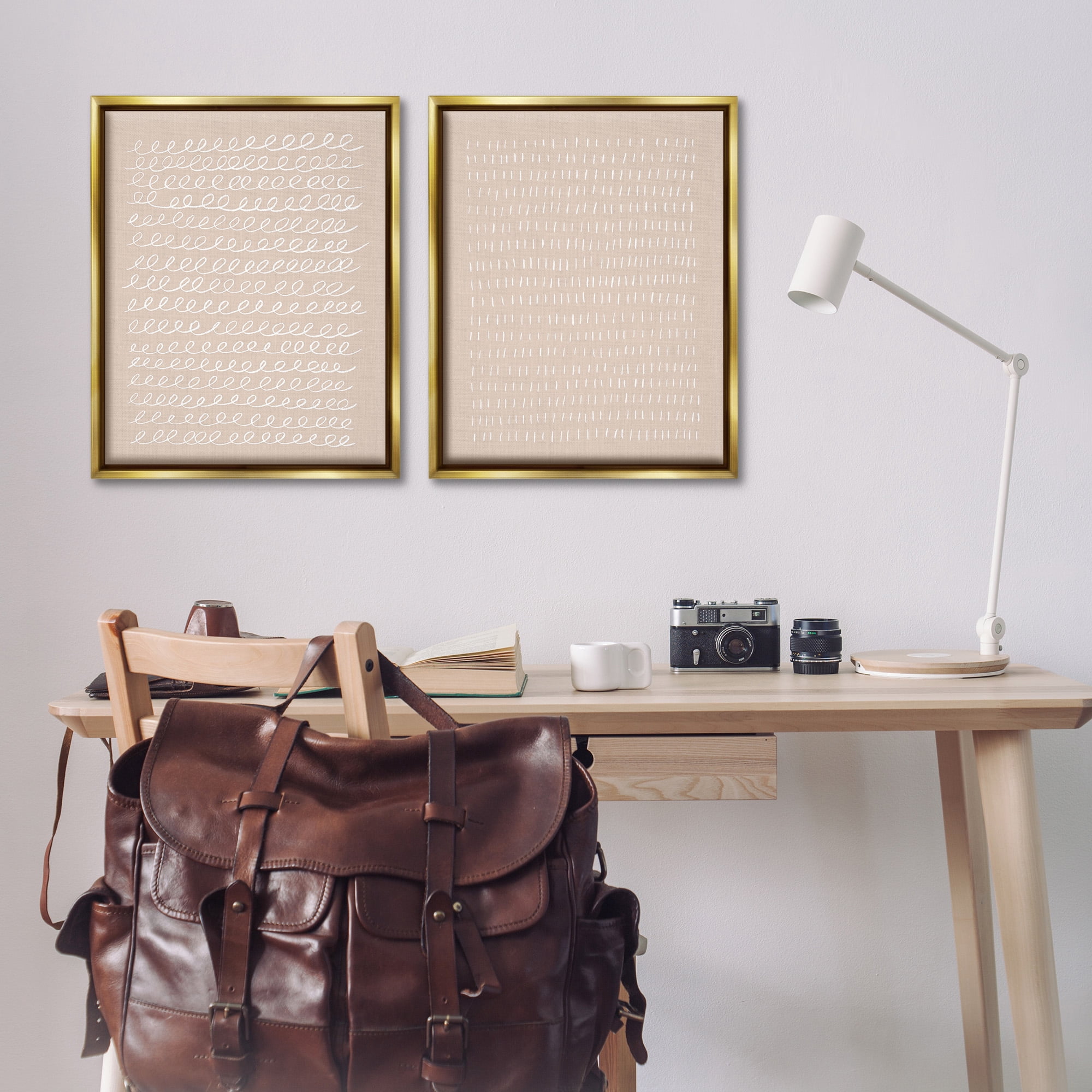 Stupell Industries Beige Minimal Scribbles Abstract Painting Gold Floater Framed Canvas Art Print Wall Art, 25 x 31, Set of 2
